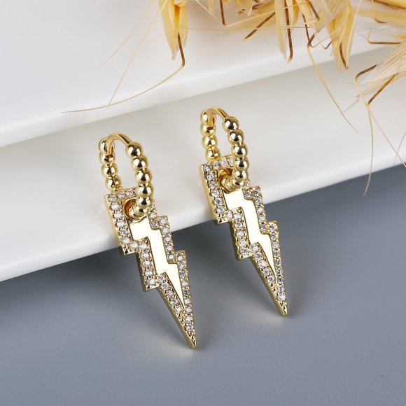Gold Plated Micro Pave Lightning Bolt, CZ Cubic Zirconia Dangle Drop Earring - Picture 2 of 4